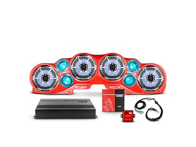 DS18 Complete RGB Loaded Sound Bar Package with Metal Grille Marine Speakers; Red Sound Bar with Carbon Fiber Speakers (20-24 Jeep Gladiator JT)