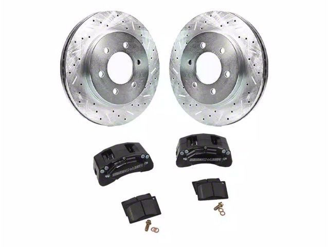 SSBC-USA M4-Moab Rear 4-Piston Caliper and Performance Brake Pad Upgrade Kit with Cross-Drilled Slotted Rotors; Black Calipers (18-24 Jeep Wrangler JL w/o HD Brake Package)