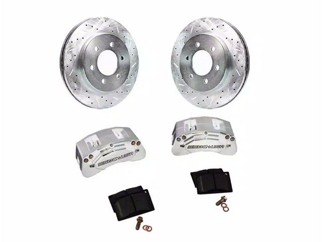 SSBC-USA M4-Moab Rear 4-Piston Caliper and Performance Brake Pad Upgrade Kit with Cross-Drilled Slotted Rotors; Clear Anodized Calipers (07-18 Jeep Wrangler JK)