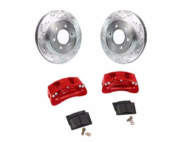 SSBC-USA M6-Moab Front 6-Piston Caliper and Performance Brake Pad Upgrade Kit with Cross-Drilled Slotted Rotors; Red Calipers (07-18 Jeep Wrangler JK)