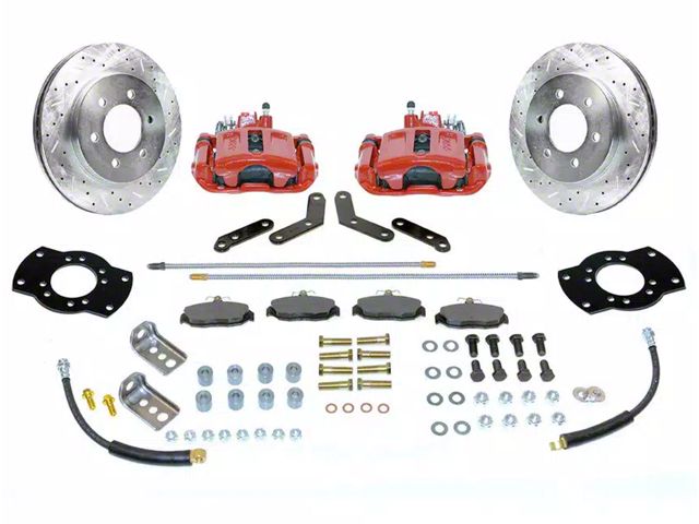 SSBC-USA Rear Disc Brake Conversion Kit with Built-In Parking Brake Assembly and Cross-Drilled/Slotted Rotors; Red Calipers (87-89 Jeep Wrangler YJ)