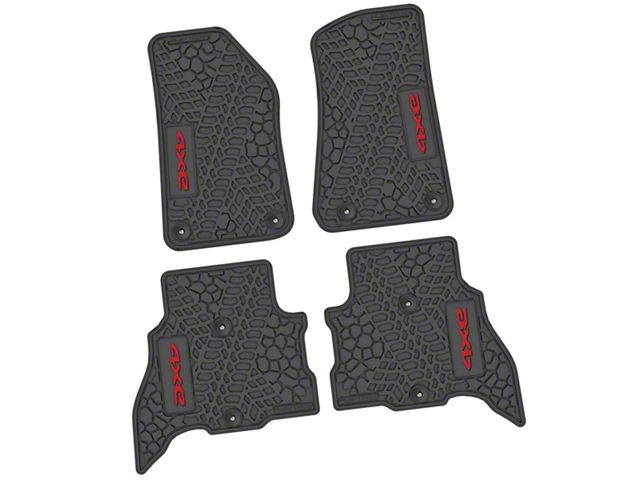 FLEXTREAD Factory Floorpan Fit Tire Tread/Scorched Earth Scene Front and Rear Floor Mats with Red 4xe Insert; Black (21-24 Jeep Wrangler JL 4xe)
