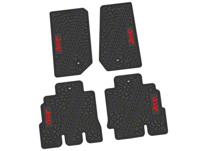 FLEXTREAD Factory Floorpan Fit Tire Tread/Scorched Earth Scene Front and Rear Floor Mats with Red JEEP Insert; Black (07-13 Jeep Wrangler JK 4-Door)