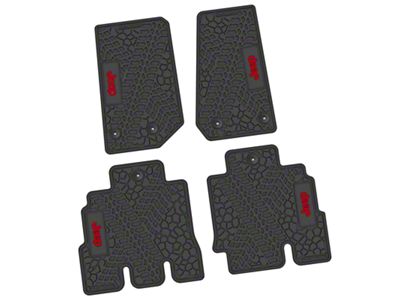 FLEXTREAD Factory Floorpan Fit Tire Tread/Scorched Earth Scene Front and Rear Floor Mats with Red JEEP Insert; Black (14-18 Jeep Wrangler JK 4-Door)