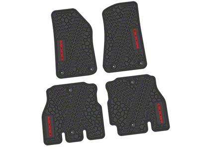 FLEXTREAD Factory Floorpan Fit Tire Tread/Scorched Earth Scene Front and Rear Floor Mats with Red MOAB Insert; Black (18-24 Jeep Wrangler JL 4-Door, Excluding 4xe)