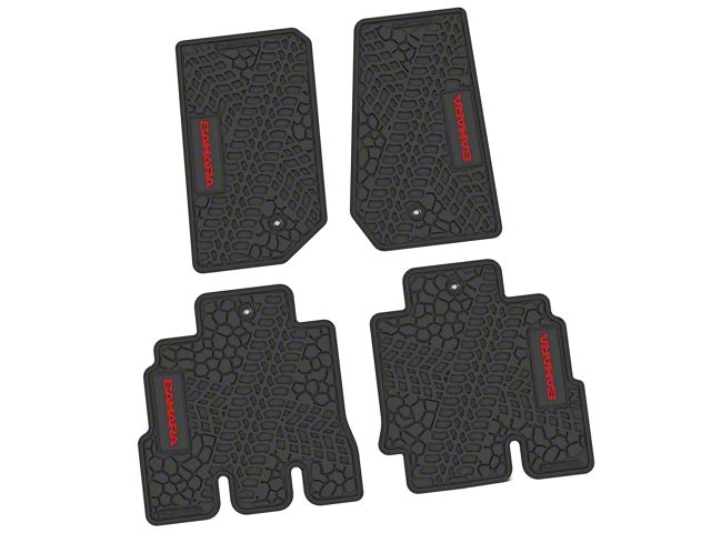 FLEXTREAD Factory Floorpan Fit Tire Tread/Scorched Earth Scene Front and Rear Floor Mats with Red Sahara Insert; Black (07-13 Jeep Wrangler JK 4-Door)