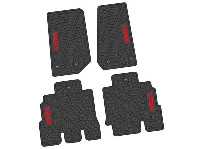 FLEXTREAD Factory Floorpan Fit Tire Tread/Scorched Earth Scene Front and Rear Floor Mats with Red Willys Insert; Black (14-18 Jeep Wrangler JK 4-Door)