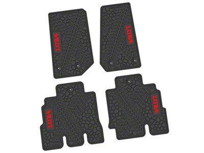 FLEXTREAD Factory Floorpan Fit Tire Tread/Scorched Earth Scene Front and Rear Floor Mats with Red Willys Insert; Black (14-18 Jeep Wrangler JK 4-Door)