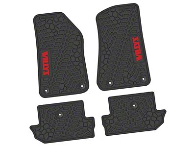 FLEXTREAD Factory Floorpan Fit Tire Tread/Scorched Earth Scene Front and Rear Floor Mats with Red Willys Insert; Black (18-24 Jeep Wrangler JL 2-Door)