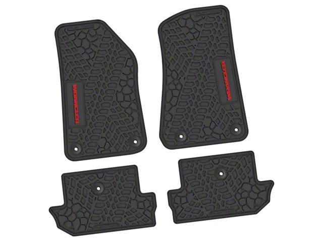 FLEXTREAD Factory Floorpan Fit Tire Tread/Scorched Earth Scene Front and Rear Floor Mats with Red Wrangler Insert; Black (18-24 Jeep Wrangler JL 2-Door)