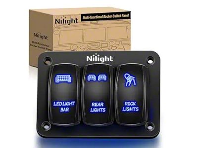 Nilight 3-Gang Aluminum Rocker Switch Panel with LED Light, Rear Light, and Rock Light Rocker Switches; Blue LED (Universal; Some Adaptation May Be Required)