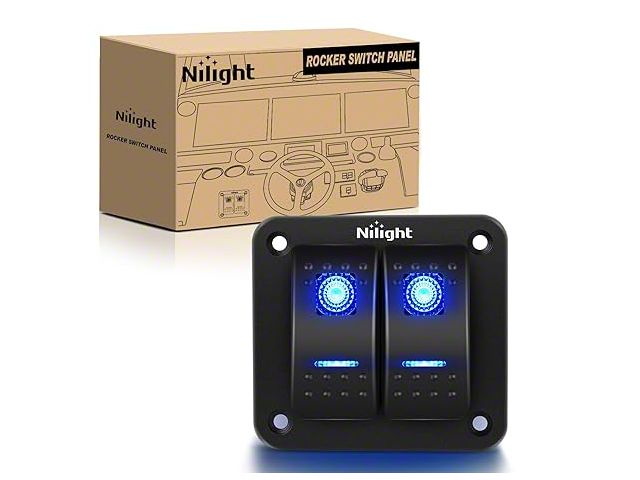 Nilight 2-Gang Aluminum Rocker Switch Panel with Rocker Switches; Blue LED (Universal; Some Adaptation May Be Required)