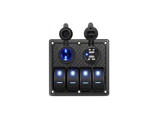 Nilight 4-Gang Rocker Switch Panel with USB Charger and Power Socket; Blue LED (Universal; Some Adaptation May Be Required)