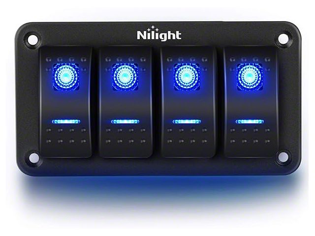 Nilight 4-Gang Aluminum Rocker Switch Panel with Rocker Switches; Blue LED (Universal; Some Adaptation May Be Required)