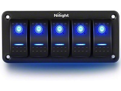 Nilight 5-Gang Aluminum Rocker Switch Panel with Rocker Switches; Blue LED (Universal; Some Adaptation May Be Required)
