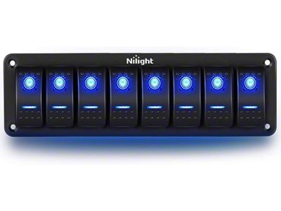 Nilight 8-Gang Aluminum Rocker Switch Panel with Rocker Switches; Blue LED (Universal; Some Adaptation May Be Required)