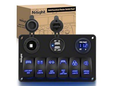 Nilight 6-Gang Aluminum Rocker Switch Panel with USB and Cigarette Lighter Power; Blue LED (Universal; Some Adaptation May Be Required)