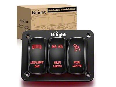 Nilight 3-Gang Aluminum Rocker Switch Panel with Rocker Switches; Red LED (Universal; Some Adaptation May Be Required)