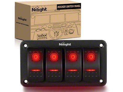 Nilight 4-Gang Aluminum Rocker Switch Panel with Rocker Switches; Red LED (Universal; Some Adaptation May Be Required)