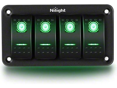 Nilight 4-Gang Aluminum Rocker Switch Panel with Rocker Switches; Green LED (Universal; Some Adaptation May Be Required)