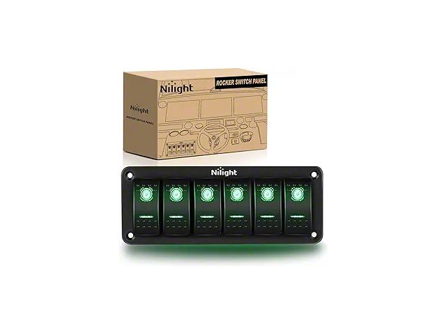 Nilight 6-Gang Aluminum Rocker Switch Panel with Rocker Switches; Green LED (Universal; Some Adaptation May Be Required)