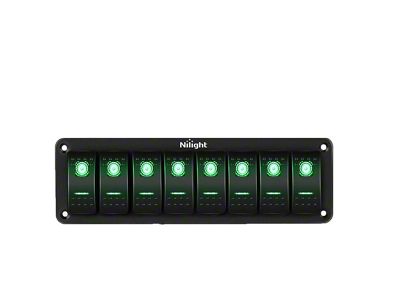 Nilight 8-Gang Aluminum Rocker Switch Panel with Rocker Switches; Green LED (Universal; Some Adaptation May Be Required)