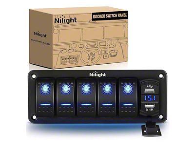 Nilight 5-Gang Rocker Switch Panel with Dual USB Chargers and Voltmeter; Blue LED (Universal; Some Adaptation May Be Required)