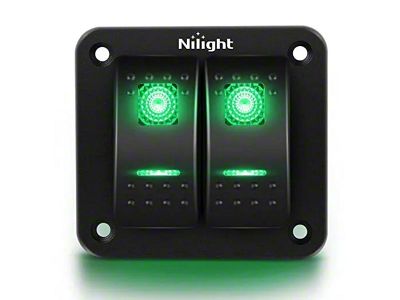 Nilight 2-Gang Aluminum Rocker Switch Panel with Rocker Switches; Green LED (Universal; Some Adaptation May Be Required)
