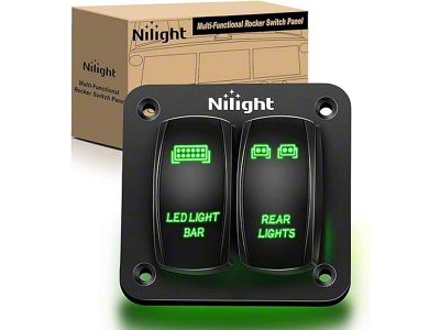 Nilight 2-Gang Aluminum Rocker Switch Panel with LED Light Bar and Rear Light Rocker Switches; Green LED (Universal; Some Adaptation May Be Required)