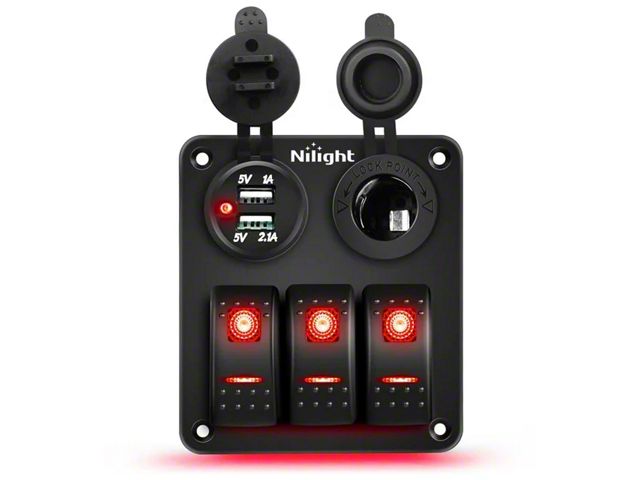 Nilight 3-Gang Aluminum Rocker Switch Panel with USB and Cigarette Lighter Power; Red LED (Universal; Some Adaptation May Be Required)