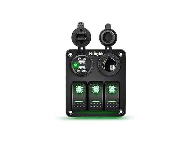 Nilight 3-Gang Aluminum Rocker Switch Panel with USB and Cigarette Lighter Power; Green LED (Universal; Some Adaptation May Be Required)