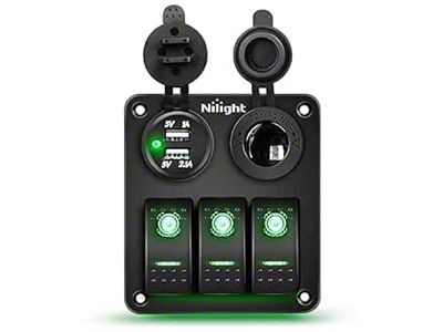 Nilight 3-Gang Aluminum Rocker Switch Panel with USB and Cigarette Lighter Power; Green LED (Universal; Some Adaptation May Be Required)