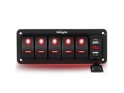 Nilight 5-Gang Rocker Switch Panel with Dual USB Chargers and Voltmeter; Red LED (Universal; Some Adaptation May Be Required)