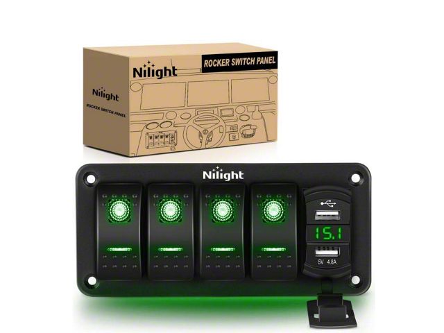 Nilight 4-Gang Rocker Switch Panel with Dual USB Chargers and Voltmeter; Green LED (Universal; Some Adaptation May Be Required)