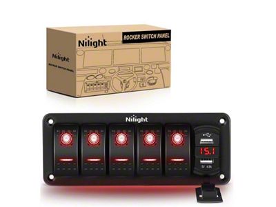 Nilight 5-Gang Rocker Switch Panel with Dual USB Chargers and Voltmeter; Green LED (Universal; Some Adaptation May Be Required)