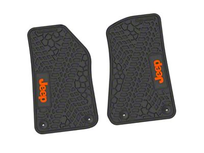 FLEXTREAD Factory Floorpan Fit Tire Tread/Scorched Earth Scene Front Floor Mats with Orange JEEP Insert; Black (20-24 Jeep Gladiator JT)