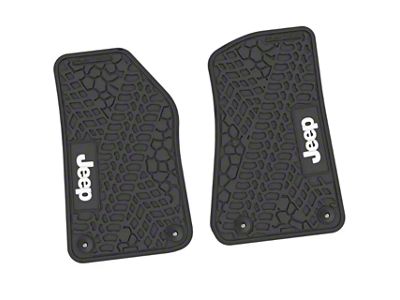 FLEXTREAD Factory Floorpan Fit Tire Tread/Scorched Earth Scene Front Floor Mats with White JEEP Insert; Black (18-24 Jeep Wrangler JL 2-Door)