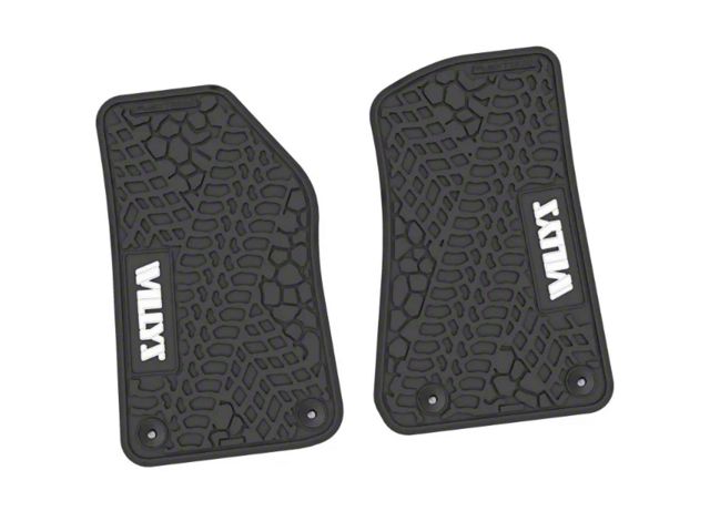 FLEXTREAD Factory Floorpan Fit Tire Tread/Scorched Earth Scene Front Floor Mats with White Willys Insert; Black (20-24 Jeep Gladiator JT)