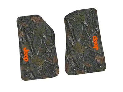 FLEXTREAD Factory Floorpan Fit Tire Tread/Scorched Earth Scene Front Floor Mats with White Willys Insert; Rugged Woods (18-24 Jeep Wrangler JL 2-Door)