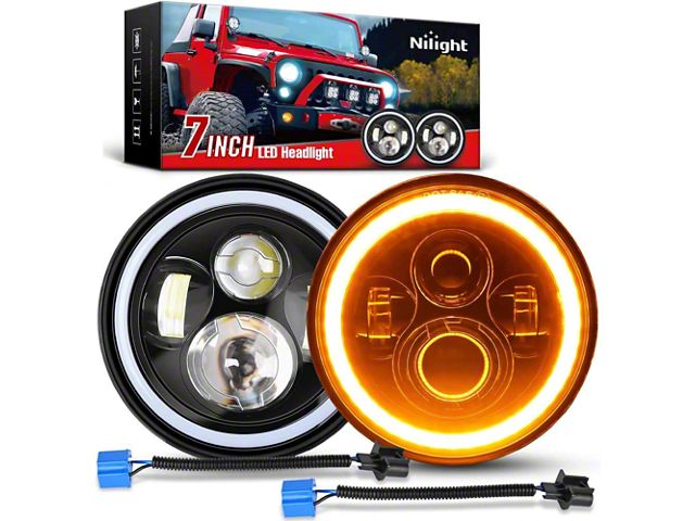 Nilight 7-Inch LED Halo Headlights with Amber/White DRL; Black Housing; Clear Lens (07-18 Jeep Wrangler JK)