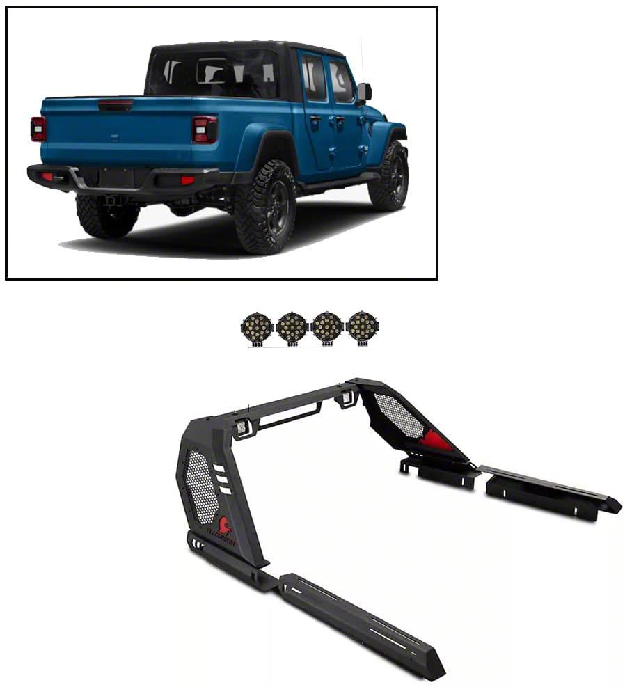 Jeep Gladiator Vigor Roll Bar with Red 7Inch Round LED Lights; Black