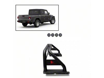 Classic Roll Bar with 5.30-Inch Black Round Flood LED Lights; Black (20-23 Jeep Gladiator JT w/ Tonneau Cover)