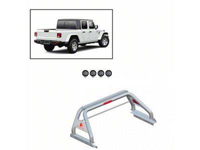 Classic Roll Bar with 5.30-Inch Black Round Flood LED Lights; Stainless Steel (20-23 Jeep Gladiator JT w/ Tonneau Cover)