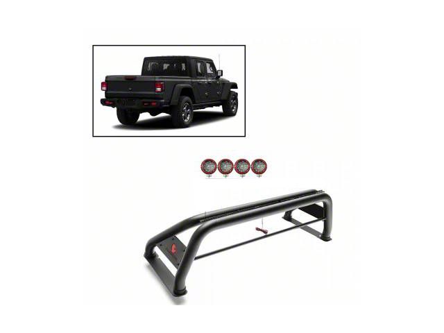 Classic Roll Bar with 5.30-Inch Red Round Flood LED Lights; Black (20-24 Jeep Gladiator JT)