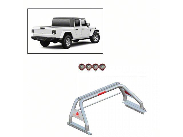Classic Roll Bar with 5.30-Inch Red Round Flood LED Lights; Stainless Steel (20-24 Jeep Gladiator JT w/ Tonneau Cover)