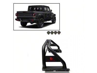 Classic Roll Bar with 7-Inch Black Round LED Lights; Black (20-24 Jeep Gladiator JT w/ Tonneau Cover)