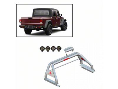 Classic Roll Bar with 7-Inch Black Round LED Lights; Stainless Steel (20-23 Jeep Gladiator JT w/ Tonneau Cover)