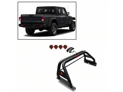 Classic Roll Bar with 7-Inch Red Round LED Lights; Black (20-23 Jeep Gladiator JT w/ Tonneau Cover)
