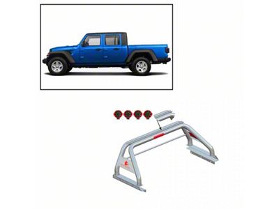 Classic Roll Bar with 7-Inch Red Round LED Lights; Stainless Steel (20-24 Jeep Gladiator JT w/ Tonneau Cover)