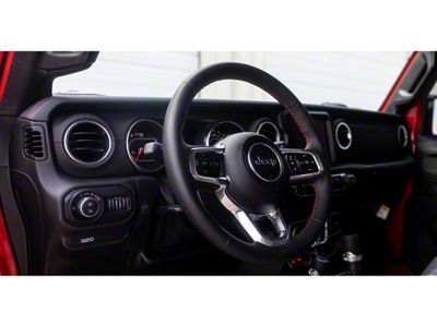 Mopar Driver Side Dashboard Panel Trim; Black Leather with Red Stitching (18-24 Jeep Wrangler JL)